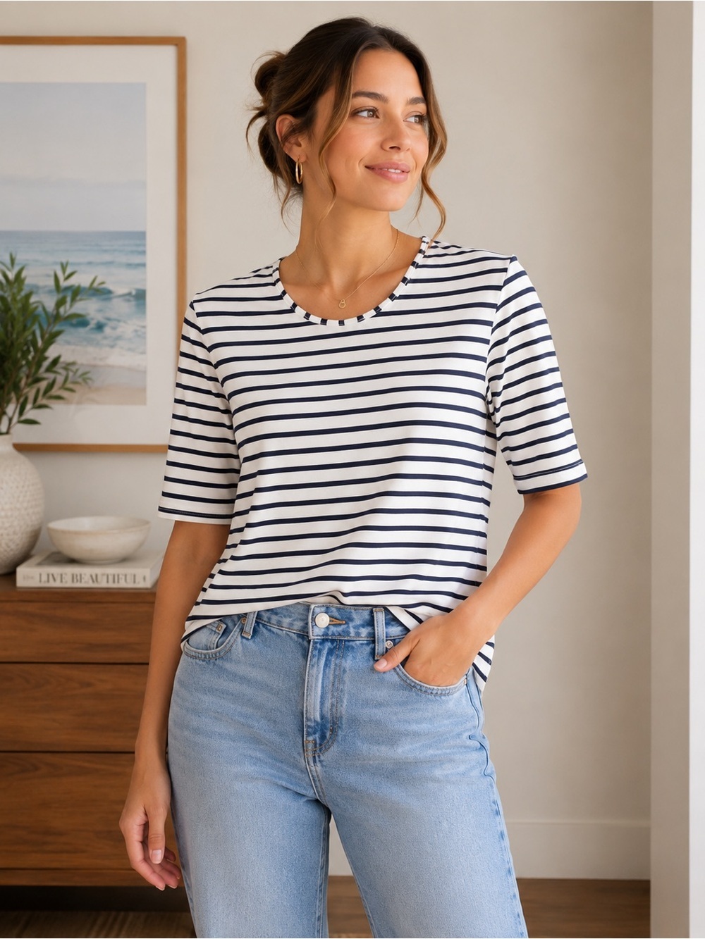 Lands’ End White & Navy Striped Elbow Sleeve Knit Tee Size: Large (14–16)